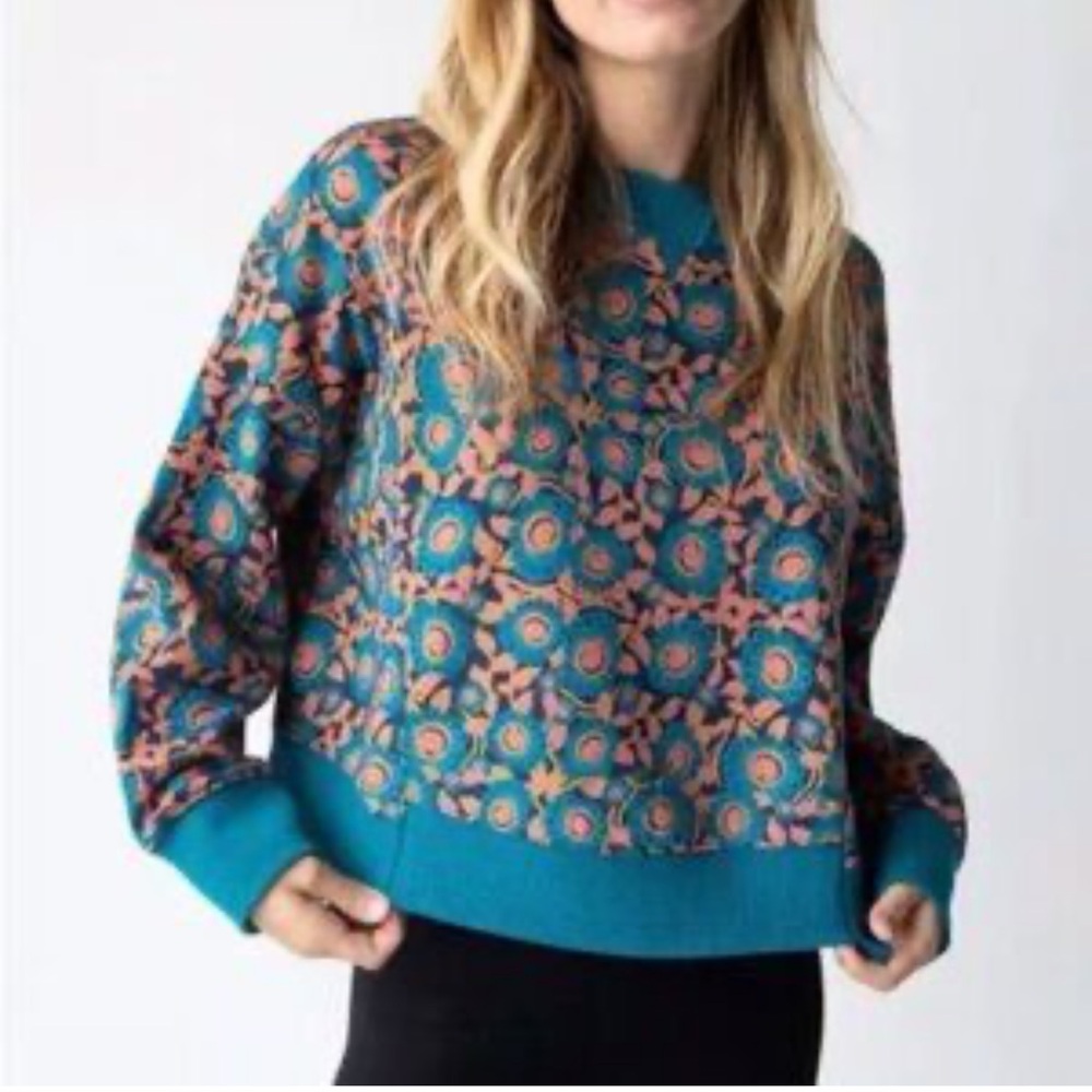 Natural Life Teal Boxy Floral Oversized Sweatshirt Sz L